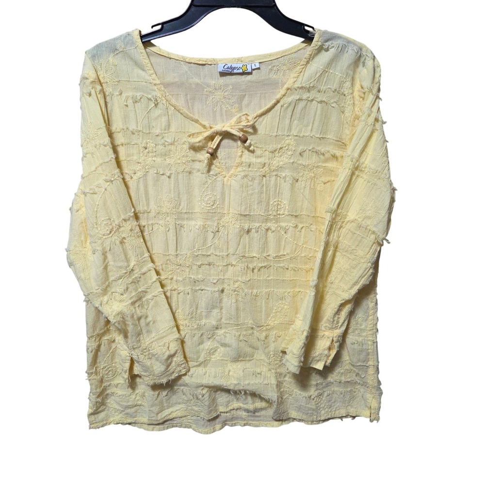 Calypso Clothing Sz L Peasant Top Boho Blouse Tie Neck Long Sleeve Canary Yellow